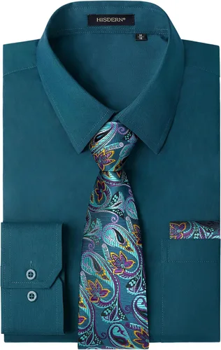 Vista 21 de HISDERN Mens Dress Shirt with Tie Pocket Square Set Classic Button Down Shirt Matching Tie Long Sleeve Shirts 08-verde