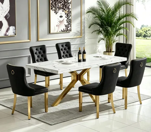 Vista 6 de Henf Mesa de comedor de mármol sintético blanco de 70 pulgadas para 4-6 personas, mesa de cocina rectangular moderna con mesa de mármol sintético