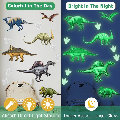 Vista 5 de Adhesivos de pared de dinosaurios que brillan en la oscuridad, calcomanías de pared de dinosaurios autoadhesivas que brillan para techo, calcomanías