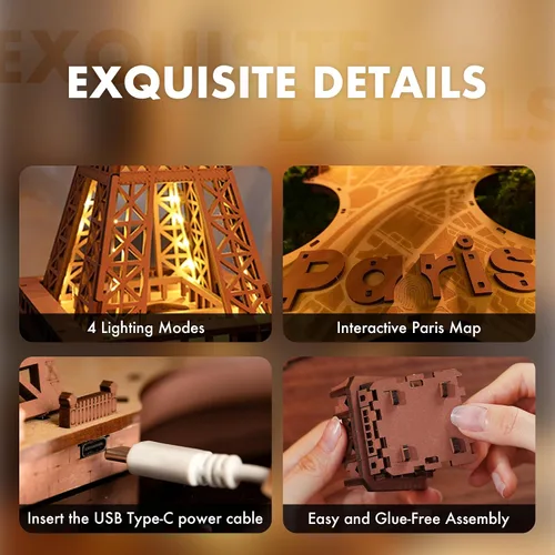 Vista 5 de ROBOTIME Rompecabezas 3D para Adultos Kit de Construcción de Modelos DIY con Luz LED Torre Eiffel de Madera Kit de Manualidades Conjunto de Juguetes