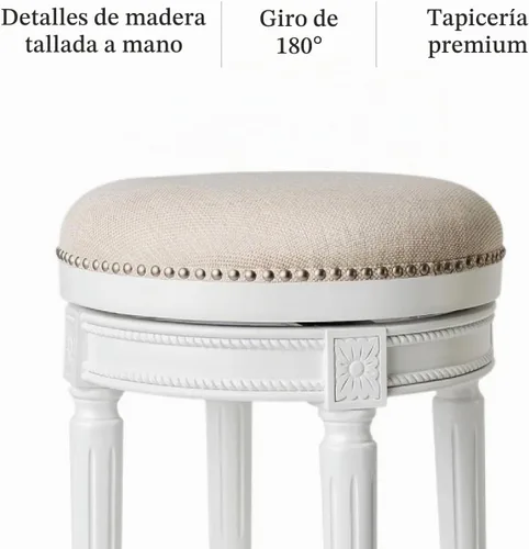 Vista 4 de Maven Lane Pullman Taburete de Bar de Madera Giratorio 180 Grados sin Respaldo de 30" de Altura con Ribete de Tachuelas, Acabado Blanco Alabastro