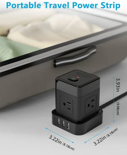 Vista 3 de Baykul - Tira de alimentación de cubo de 5 pies, cable de extensión de enchufe plano, negro, 3 USB, USB-A, Cubo, Viajar Amigable, Carcasa