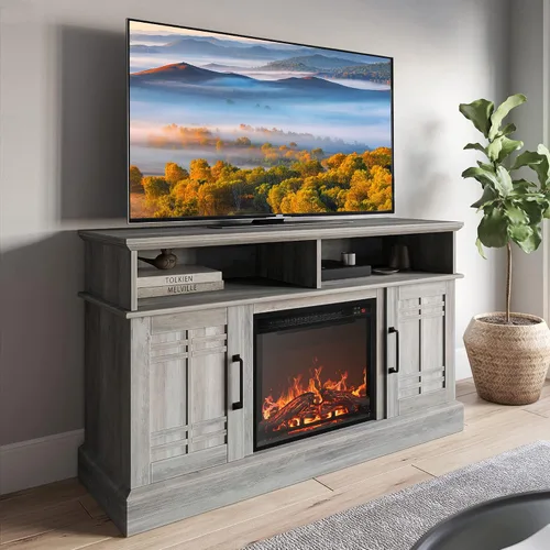 Vista 16 de BELLEZE Mueble TV, 48 pulgadas, con chimenea eléctrica funcional de 18 pulgadas, moderno, para TV de máx. 50 pulgadas, estantes abiertos y armarios