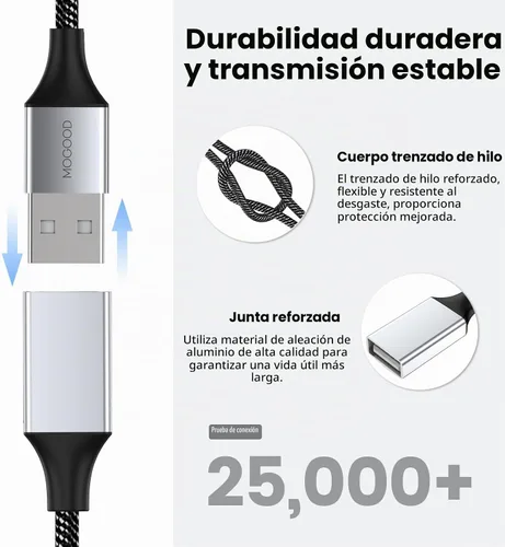 Vista 5 de MOGOOD Divisor USB A, cable USB macho a 2 hembra en Y, cable de extensión Plateado