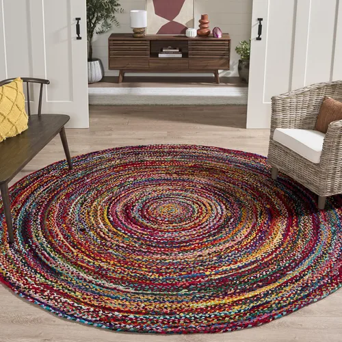 Vista 27 de SAFAVIEH Alfombra trenzada de la colección – Alfombra redonda de 3 pies, color beige con detalles rosados, algodón hecho a mano, estilo cabaña