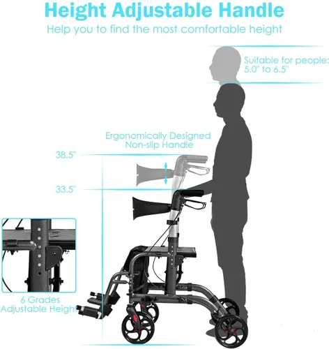 Vista 5 de GOPLUS Andadores con ruedas 2 en 1 para personas mayores, andador plegable con asiento, rueda de 8 pulgadas, combinación de andador médico y silla