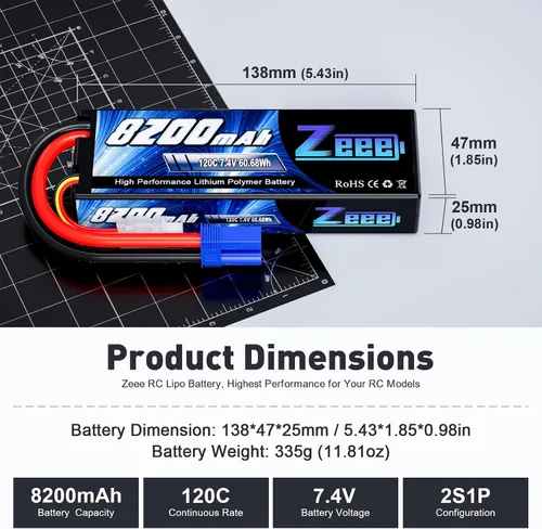 Vista 2 de Zeee 2S Lipo Battery 8200mAh 7.4V 120C Estuche rígido Batería de coche RC con enchufe EC5 para vehículos RC 1/8 1/10 RC Car Truck Truggy RC Boat