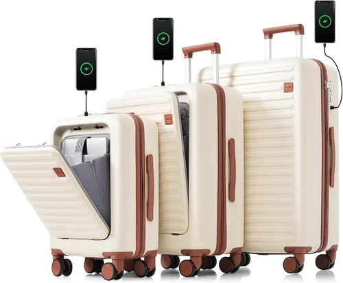 Vista 10 de Merax 3 piezas expandible Abs Hardshell Equipaje Sets con rueda giratoria Maleta TSA Lock Suit Case, Rosa bebé, Equipaje de mano con portavasos