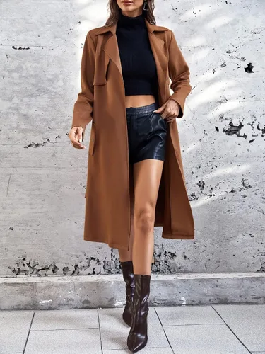 Vista 5 de CULOLA Abrigo largo de gamuza sintética con cuello de solapa y cinturón para mujer, abrigo largo con botones frontales, chaqueta para otoño e
