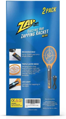 Vista 8 de ZAP IT! Bug Zapper - Raqueta recargable mata mosquitos, 4000 voltios, cable de carga USB, paquete de 2 (Mini, Naranja)