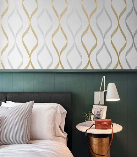 Vista 5 de NextWall Ogee Ribbon - Papel tapiz autoadhesivo (plateado y dorado)