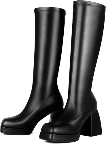 Vista 5 de STALOV Botas Gogo de plataforma para mujer, hasta la rodilla, punta cuadrada, botas altas de tacón grueso, botas largas de cuero elástico