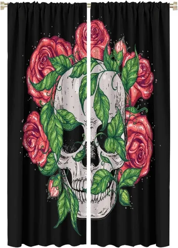 Vista 24 de Cortinas de cabeza de calavera, calavera blanca y rosas rojas con ramas y hojas negras, cortinas opacas decorativas para sala de estar, dormitorio