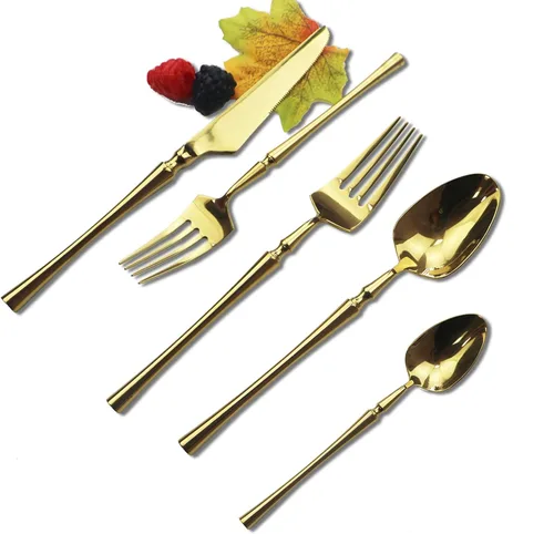 Vista 2 de Juego de cubiertos dorados de 5 piezas de acero inoxidable 18/10 para 1, cuchillos con acabado espejo, tenedores, cucharas, ideal para bodas