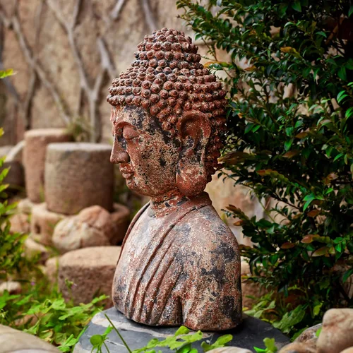 Vista 5 de Estatua de Buda Floryden para el hogar, estatuas de busto de Buda meditando, estatua de cabeza de Buda espiritual rústica, acabado de óxido
