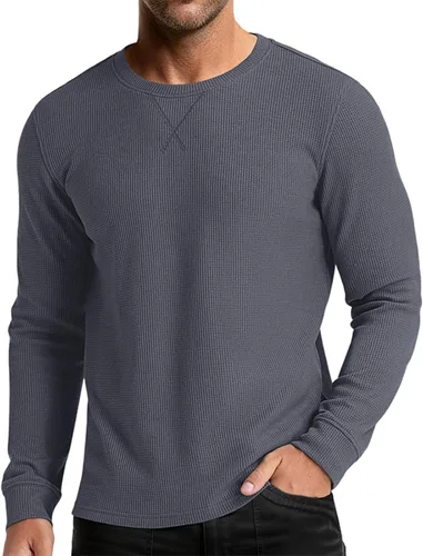 Vista 11 de Camiseta de punto gofre para hombre, camiseta casual de manga larga con cuello redondo, ropa de verano para hombre, camisa clásica básica sólida