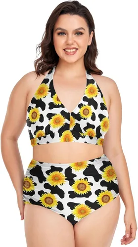 Vista 15 de Bikini de 2 piezas para mujer, talla grande, cintura alta, cuello halter, fruncido, control de abdomen Murciélagos Cruces Estrellas