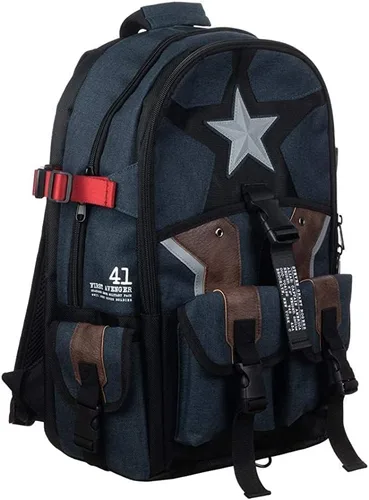 Vista 3 de Mochila utilitaria de superhéroe de Capitán América Comic Book, Azul Patchwork, talla única Se ajusta a la mayoría