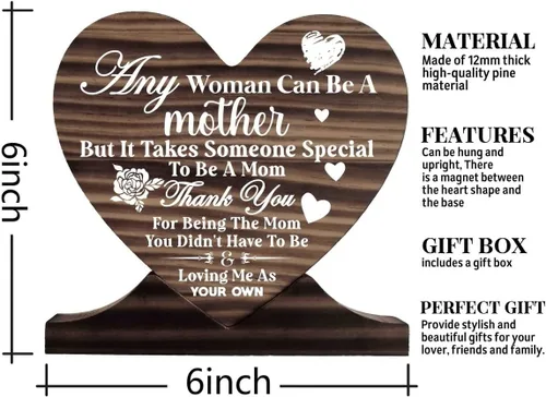 Vista 2 de Letrero de madera con texto en inglés "Thank You Being The Mom You Didn't Have to be and Loving Me As Your Own", placa de madera de regalo, corazón