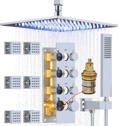 Vista 15 de HOMEDEC Sistema de ducha de lluvia LED de 16 pulgadas, válvula desviadora termostática de 3 vías con 6 pulverizadores corporales, todas las Negro