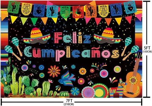 Vista 5 de AIBIIN Telón de fondo de feliz cumpleaños de 7 x 5 pies, decoración de fiesta mexicana, fiesta de feliz cumpleaños, festival del Cinco de Mayo