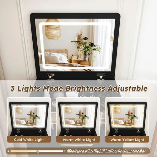 Vista 3 de Runboll 3 in 1 Small Vanity Desk with Open Top Mirror, Small Dressing Table with Visible Glass Desktop, Compact Makeup Vanity with 3 Drawers