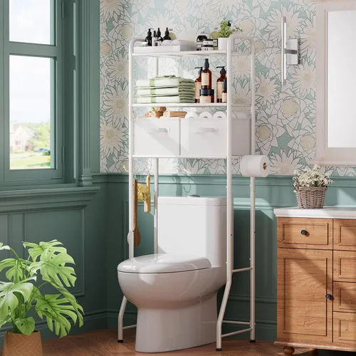 Vista 2 de Simple Trending Estante de almacenamiento sobre el inodoro con cajones, estante organizador de baño de metal de 3 niveles con soporte para papel y 3