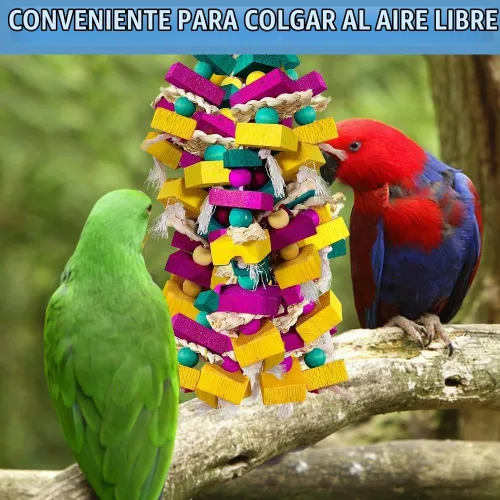 Vista 5 de Juguetes grandes para pájaros, bloque de madera multicolor con soporte de bambú, juguete para masticar pájaros, jaula de loro, juguete de mordida