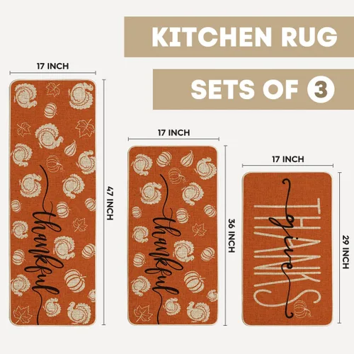 Vista 3 de Artoid Mode Juego de 3 tapetes de cocina de pavo y calabaza con hojas de arce y Acción de Gracias, decoración del hogar, alfombras de cocina de bajo