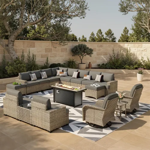 Vista 63 de HOOOWOOO Juego de muebles seccionales de patio con mesa de luz solar, 6 piezas de mimbre para exteriores, sofá en forma de L, juego de conversación