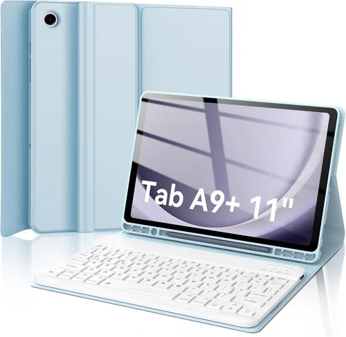 Vista 8 de Funda para Galaxy Tab A9 Plus con teclado de 11 pulgadas, retroiluminación de 7 colores, teclado Bluetooth inalámbrico desmontable, funda