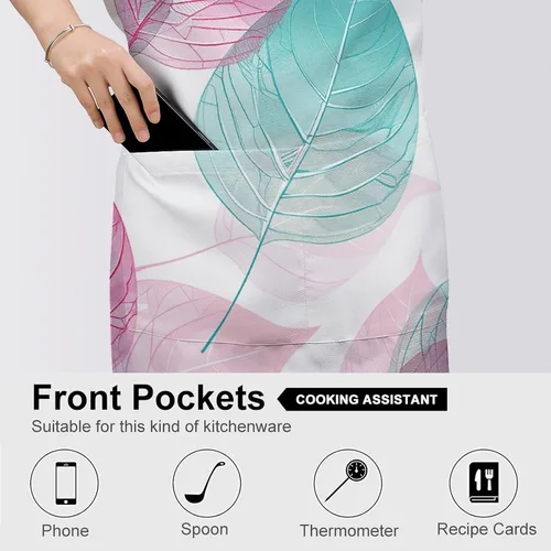 Vista 5 de MUSM Apron for Adults - 27.6 X 31.5 Inch, Heavy-Duty Polyester Aprons with Two Large Pockets, Waterproof Peach And Teal Leaves Kitchen Apron for