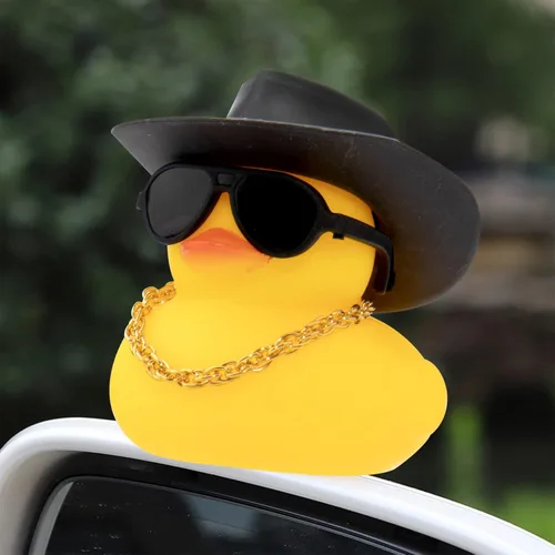 Vista 2 de wonuu Pato de goma para automóvil, decoración de pato amarillo con sombrero para el sol, anillo de natación, collar, gafas de sol para decoración