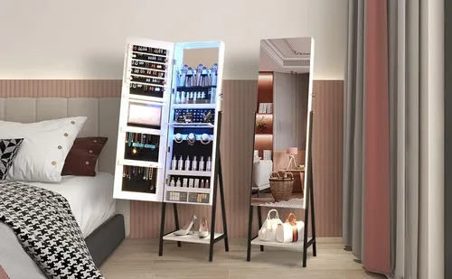 Vista 8 de Ylued Espejo de longitud completa de 47.2 pulgadas de alto con almacenamiento de joyas, espejo iluminado LED, armario de joyería, organizador