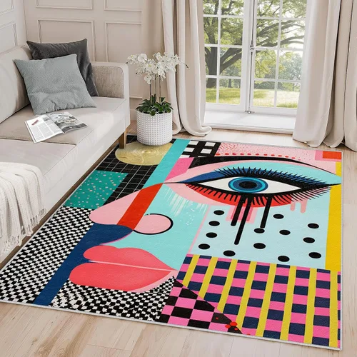 Vista 12 de Alfombra Geométrica 2x3 - Alfombra de Área Abstracta Retro Colorida, Tapete de Puerta Moderno de Mediados de Siglo, Lavable y Antideslizante y Suave