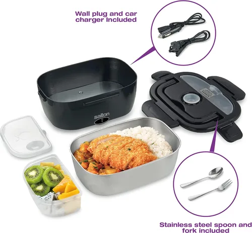 Vista 8 de Salton Fiambrera eléctrica 3 en 1, calentador de alimentos portátil para automóvil y hogar, lonchera térmica de 1.5 litros con tenedor y cuchara