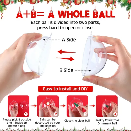 Vista 4 de Macarrie 60 bolas de adornos transparentes rellenables de Navidad, bolas de adorno rellenables de plástico transparente para el hogar, manualidades
