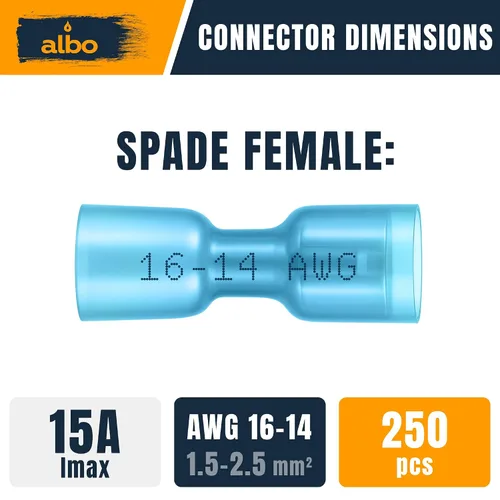Vista 2 de Kit de conectores de pala hembra termorretráctiles de 250 piezas, terminales eléctricos impermeables azules AWG 16-14, conectores de pala de alambre