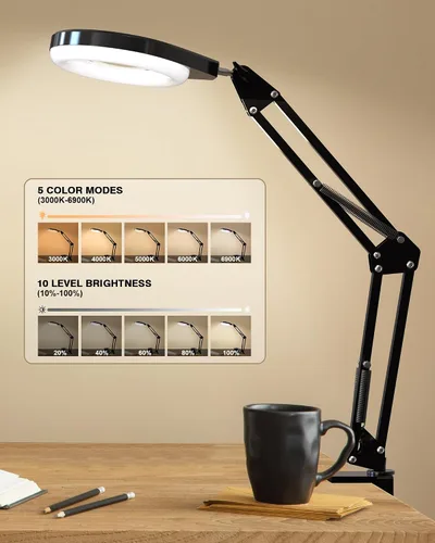 Vista 4 de Lupa con luz, lente 10X/5X, LED regulable, brazo oscilante, blanco Soporte de abrazadera, 5 colores y 10 de brillo, lámpara de aumento