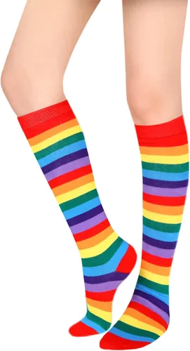 Vista 2 de Suluia Calcetines altos de color arcoíris para mujer, a rayas hasta la rodilla, medias altas hasta el muslo, tubo largo, copa del mundo, calcetines