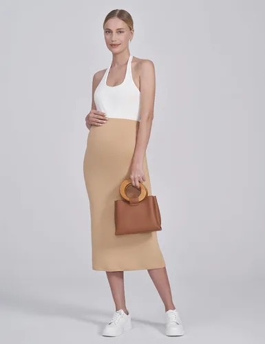 Vista 5 de POSHDIVAH Falda de maternidad para mujer, sobre el vientre, de cintura alta, color liso, elástica, falda tubo para embarazo