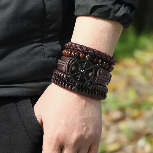 Vista 7 de GORGECRAFT Handmade PU Leather Bracelets Flat Round Braided Cuff Bangle Multi Layers Wood Beads Wrap Bracelet