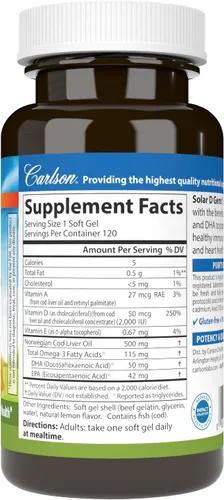 Vista 2 de Carlson Labs Solar D Gems Natural Vitamina D3, 2000 UI, 120 cápsulas blandas