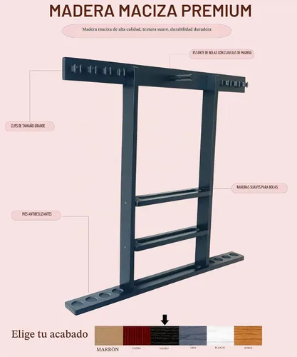 Vista 2 de Soporte para taco de piscina de montaje en pared, estante de madera maciza negro para 8 tacos