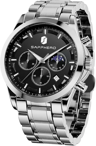 Vista 8 de SAPPHERO Relojes para hombre, cronógrafo, de acero inoxidable, impermeable, cuarzo, para negocios, casual, reloj de vestir para hombre, fecha Negro