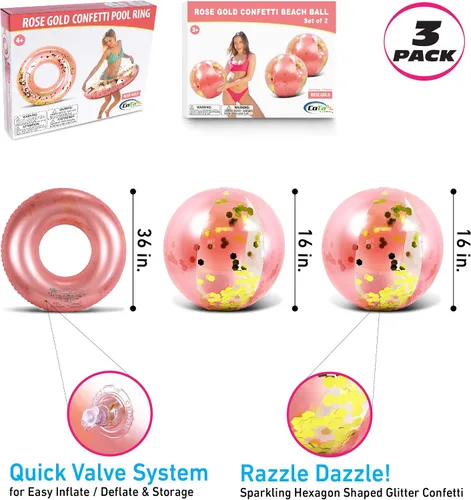 Vista 2 de Mozlly Paquete de pelotas de playa inflables de oro rosa y tubo de flotador de piscina, flotador de piscina y bola de playa con purpurina