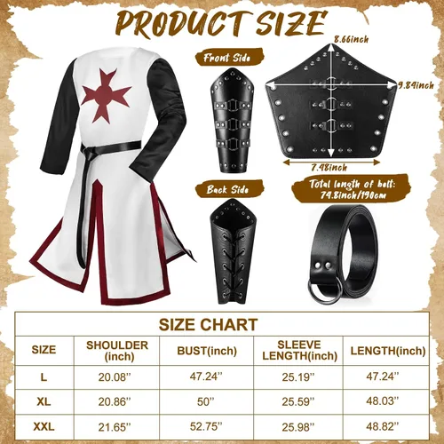 Vista 2 de Hicarer Disfraz renacentista medieval de caballeros cruzados para Halloween, disfraz renacentista para hombre, cinturón vikingo para cosplay