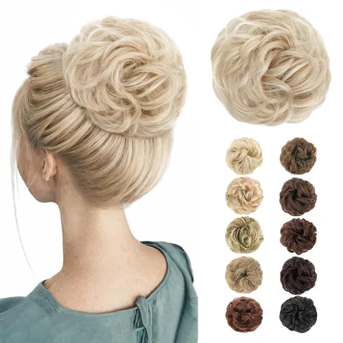 Vista 10 de MORICA Moño desordenado, extensiones de moño sintético para mujeres (rubio beige ceniza)