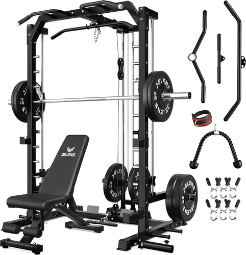Vista 17 de JELENS SR01 Smith Machine, jaula de potencia multifunción de 2000 libras con sistema de extracción LAT, estante para sentadillas todo en uno