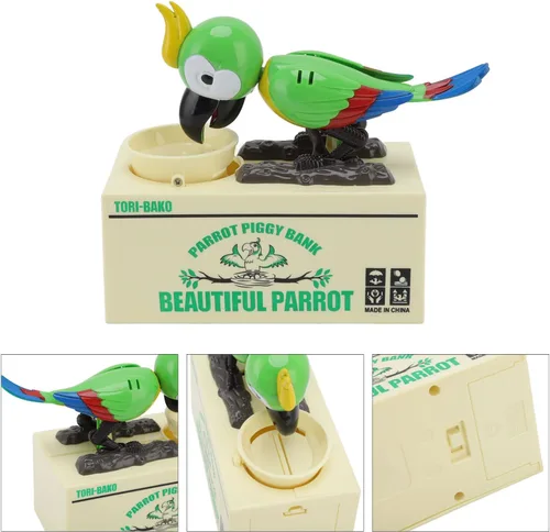 Vista 8 de Caja de loro robador, caja de dinero eléctrica para niños, caja de ahorro de dinero con forma de loro, alcancía electrónica robótica de juguete